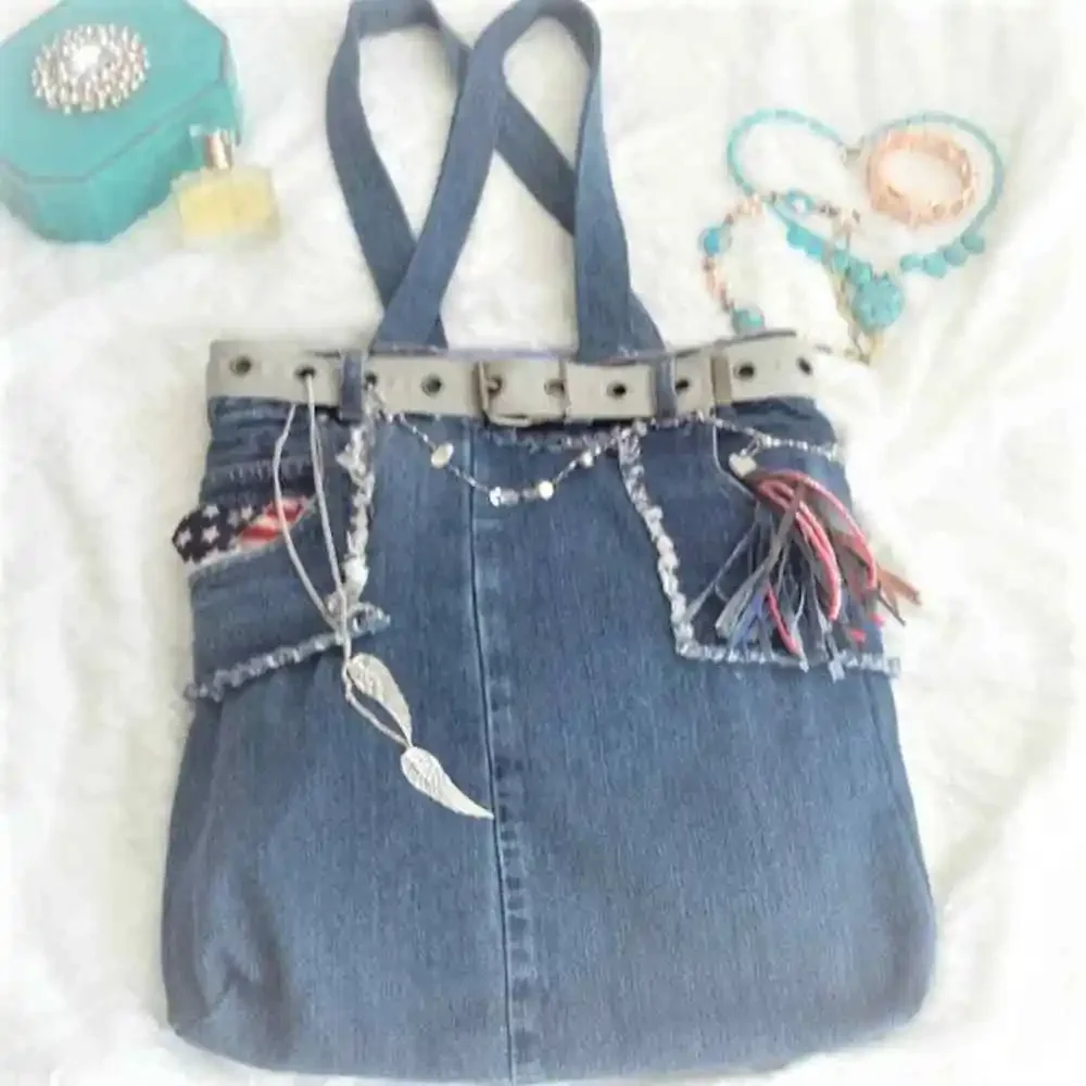 PATRIOTIC Denim Tote BEACH BAG w SILVER Chains Fancy‎ Tassel Travel Weekend